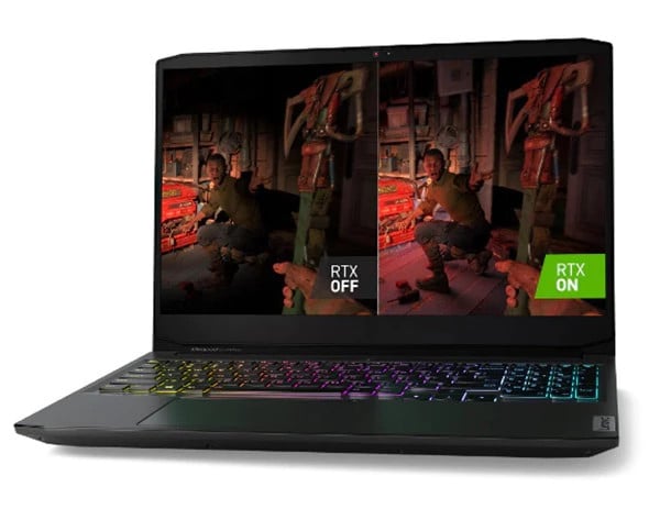 Lenovo IdeaPad Gaming 3 Gen 6 (15” AMD) laptop, front view, open, showing display and an illustration of RTX technology