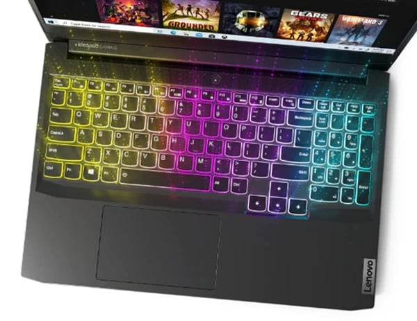 Lenovo IdeaPad Gaming 3 Gen 6 (15” AMD) laptop, top view showing keyboard with multicolor backlighting