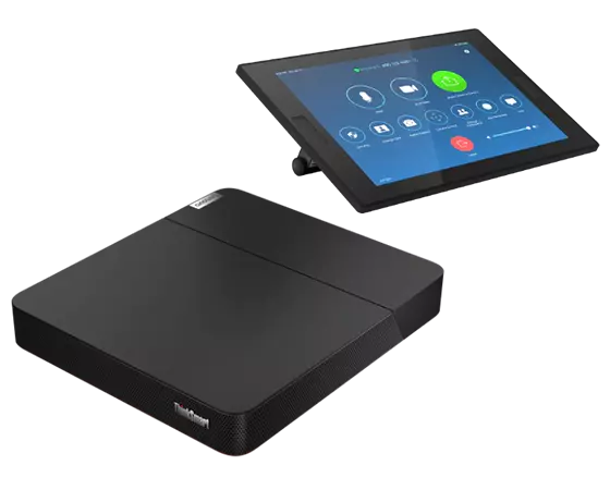Lenovo ThinkSmart Core + Controller Kit z for Zoom Rooms with Core computing device in foreground and 10.1 inch Controller display.