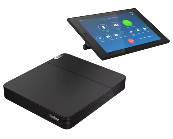 Lenovo ThinkSmart Core + Controller Kit z pour les salles zoom avec périphérique informatique Core au premier plan et écran contrôleur 10.1 pouces.