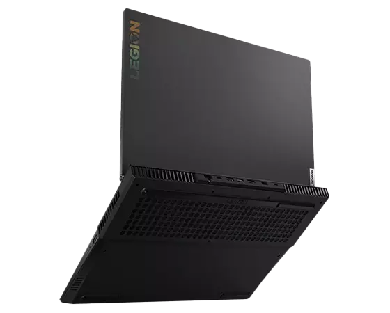 Left rear view of the Lenovo Legion 5 15 laptop open at an obtuse angle