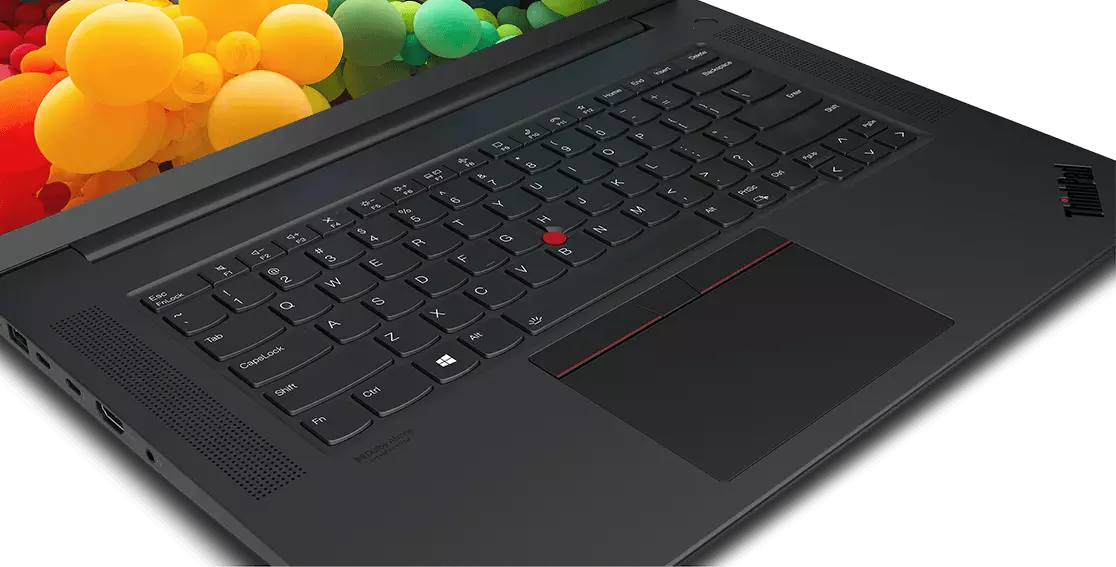 Closeup of keyboard with up-firing speakers on the Lenovo ThinkPad P1 Gen 4 mobile workstation