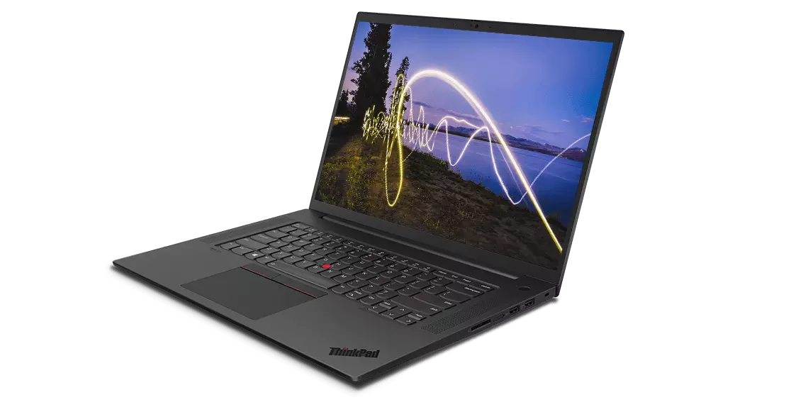 Lenovo ThinkPad P1 Gen 4 mobile workstation open 90 degrees, angled to show right-side ports