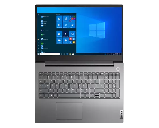 Vue de dessus du Lenovo ThinkBook 15p Gen 2 ouvert à 180 degrés, montrant l’écran d’accueil de Windows 11.