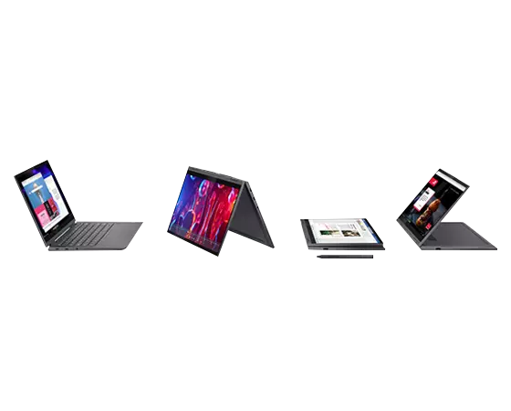 Vista laterales del Lenovo Yoga 7 (35,56 cm (14''), AMD) de cuatro modos: portátil, tienda, tablet y presentación.