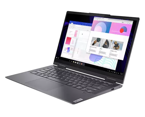 Lenovo Yoga 7 (14'' AMD), side view showing FHD display and full keyboard.