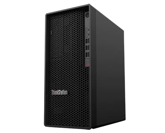 Front facing Lenovo ThinkStation P348 Tower workstation, slightly angled to show right side.