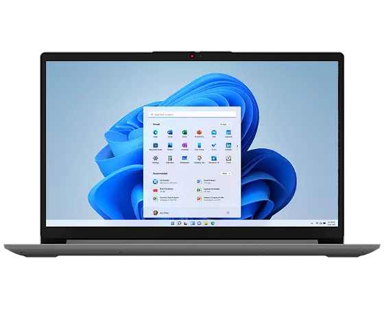 IdeaPad 1 Gen 7 (15 » AMD) ouvert, face avant avec l’écran d’accueil Windows 11