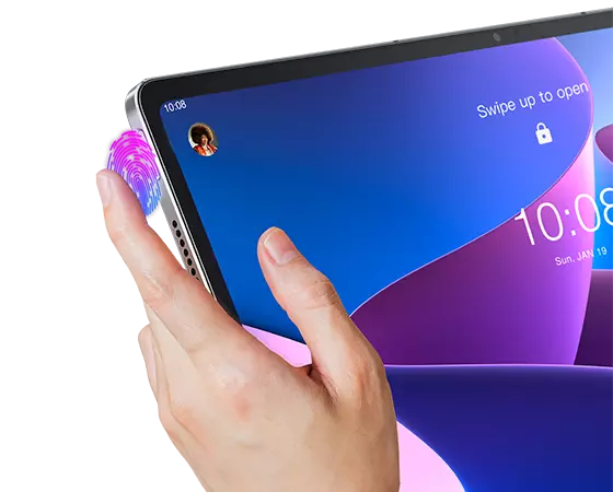 Close-up of a human finger on the fingerprint security-enabled Power button on the Lenovo Tab P12 Pro.