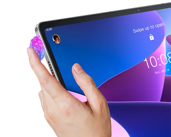 Lähikuva sormesta Lenovo Tab P12 Pron sormenjälkitunnistimella varustetulla virtapainikkeella.