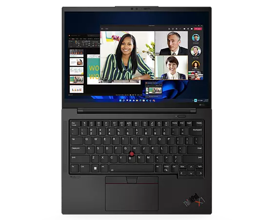 Vue aérienne du clavier et de l’écran du portable Lenovo ThinkPad X1 Carbon Gen 10 ouvert à 180 degrés.