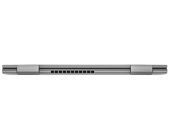 Vue de derrière du Lenovo ThinkPad X1 Yoga Gen 7 2-en-1, capot fermé, montrant les charnières et l’évent.