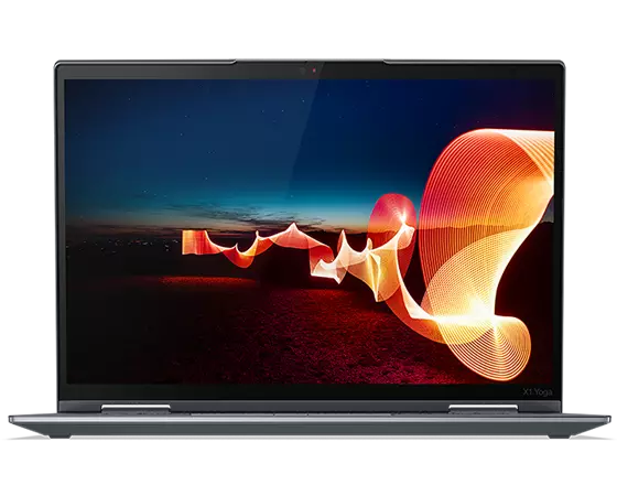 Lenovo ThinkPad X1 Yoga Gen 7 sett forfra, 2-i-1-løsning, åpnet som en bærbar PC som viser tastatur og skjerm.