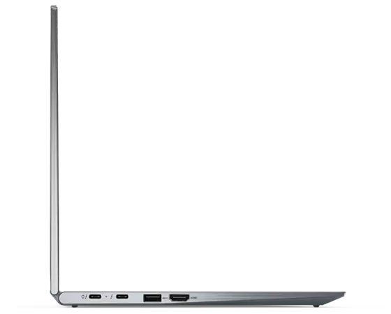 Perfil del lado izquierdo del portátil Lenovo ThinkPad X1 Yoga de 7.ª generación abierto en un ángulo de 90 grados.