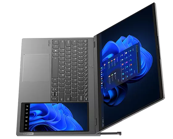 Lenovo ThinkBook Plus Gen 3 con pantalla principal de 17,3" que muestra formas arremolinadas azules y Windows 11