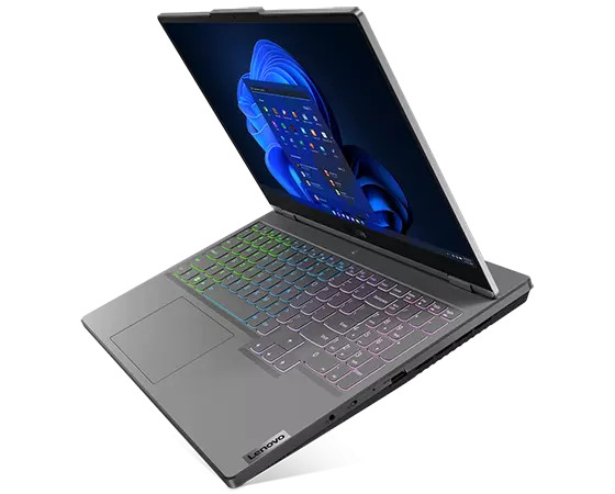 Legion 5i Gen 7 (15” Intel) in Storm Grey, front facing left, Windows 11 on screen