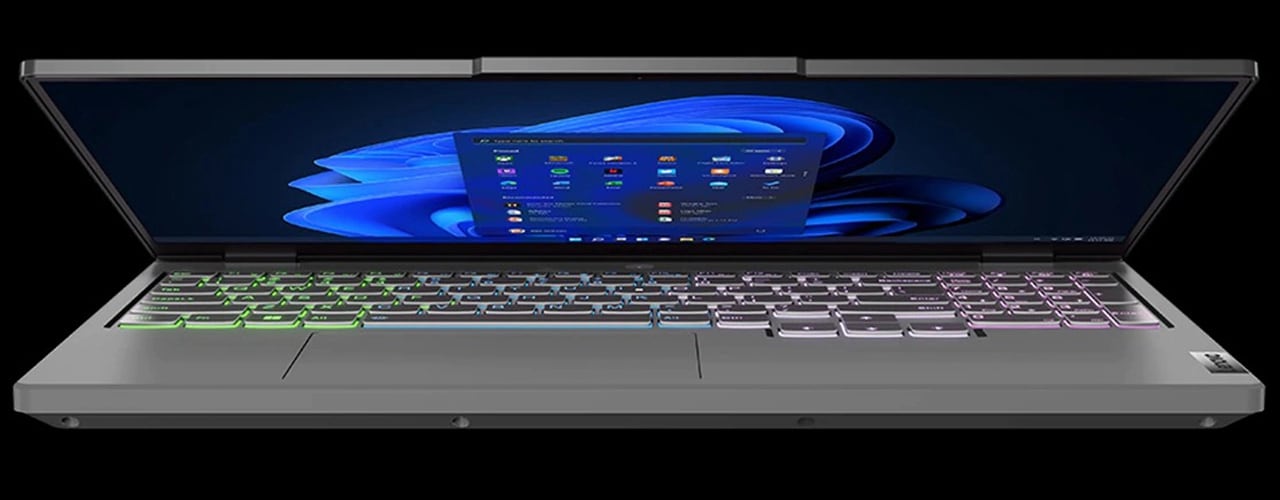 Legion 5i Gen 7 (15” Intel) in Storm Grey, front facing, semi closed, Windows 11 on screen