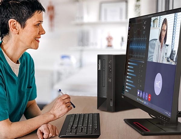 Left-side view of ThinkCentre Neo 50s small form factor PC on a desk in a hospital