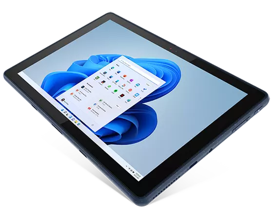 Front-facing Lenovo 10w (10” QLC) laid flat, showcasing 10.1” FHD touch display with Corning® Gorilla® Glass