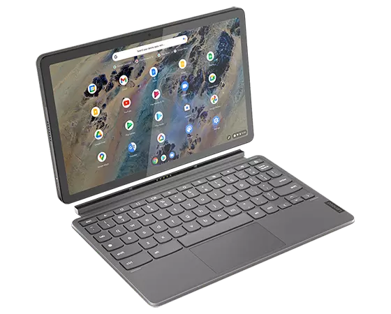 Vue latérale du dessus d’un Chromebook IdeaPad Duet 3 de 11 po, montrant le clavier détaché de l’écran