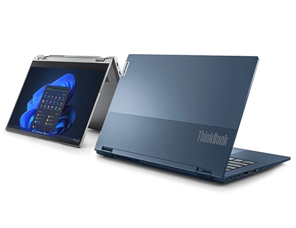 Side-by-side abyss blue ThinkBook 14s Yoga 2-in-1 laptops one front-facing in tent mode and the other in laptop mode facing away to reveal the dual-tone top cover
