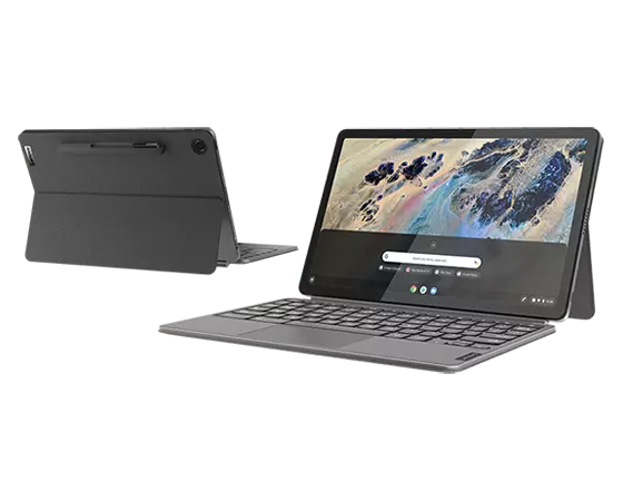 Front and rear views of two 11” IdeaPad Duet 3 Chromebooks, both showing the portfolio case used a stand.