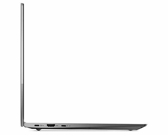 A left-side, eye-level view of a ThinkBook 13s Gen 4 (Intel) laptop open 90°, revealing its ultra-slim profile and left-side ports.