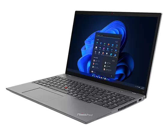 Right-side view of ThinkPad T16 Gen 1 (16” AMD) laptop, showing display, keyboard, and trackpad