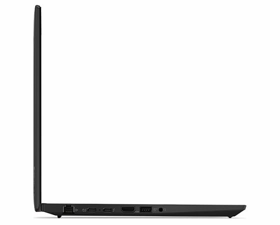 Vue latérale droite du ThinkPad T14 Gen 3 (14 Intel), ouvert à plat à 180 degrés. montrant le bord mince de l’écran et du clavier