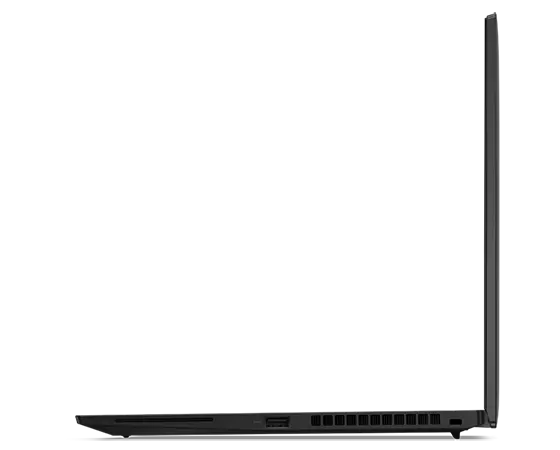 Right-side profile view of ThinkPad T14s Gen 3 (14” Intel), opened 90 degrees, showing thin edge of display and keyboard