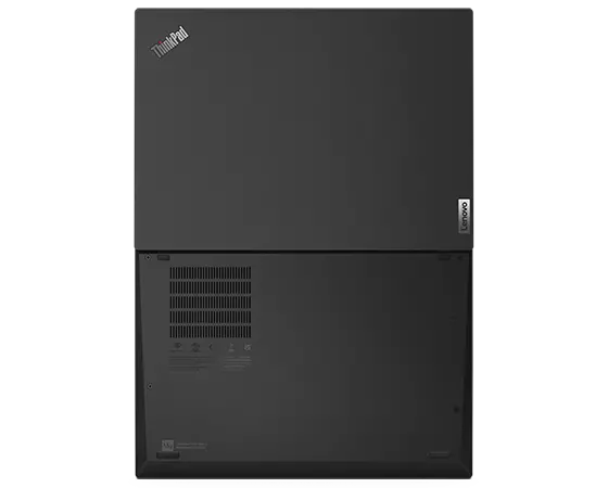 Aerial view of ThinkPad T14s Gen 3 (14” Intel), opened and laid flat, showing front and rear covers