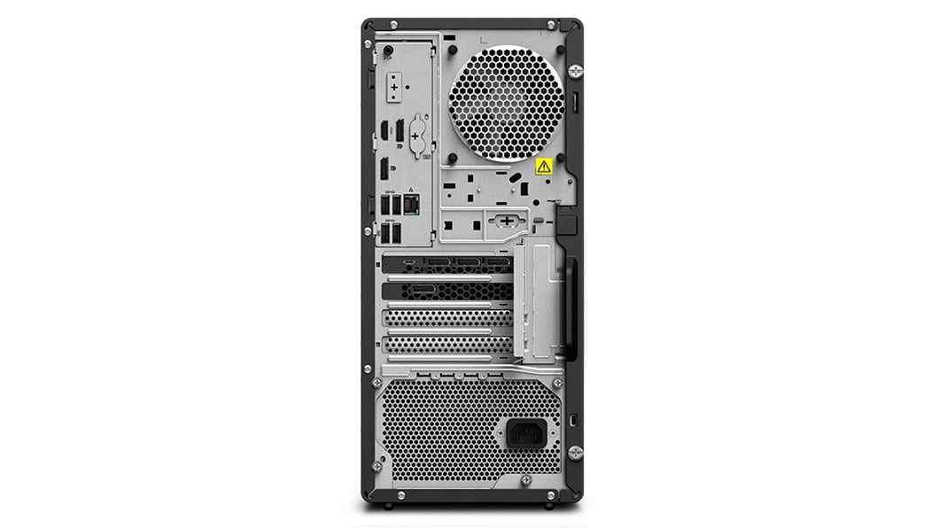 Rear-facing Lenovo ThinkStation P360 tower workstation showing ports, slots, and vent.