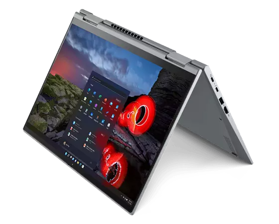 14” Lenovo ThinkPad X1 Yoga Gen 6 2-in-1 laptop in tent mode, angled to show left-side ports.