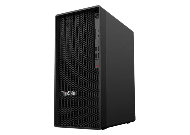 Lenovo ThinkStation P360 tower workstation angled slightly to show right side and front-facing ports, optional optical disk drive, and power button. 