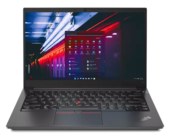 Front view of black Lenovo ThinkPad E14 Gen 2 with keyboard showing.