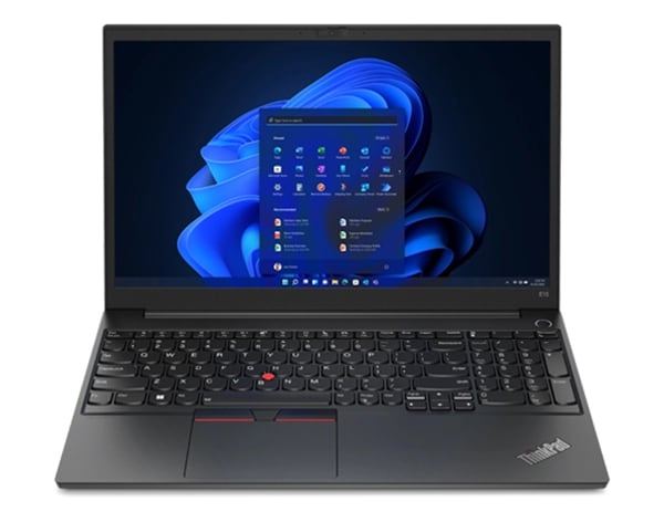 Front facing Lenovo ThinkPad E15 Gen 4 (15” AMD) laptop, opened, showing display and keyboard