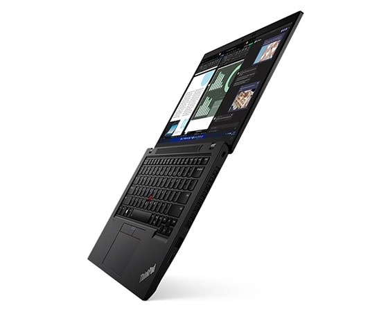 Portátil Lenovo ThinkPad L14 (3.ª geração): aberto a 180 graus, em ângulo para mostrar as portas do lado direito.
