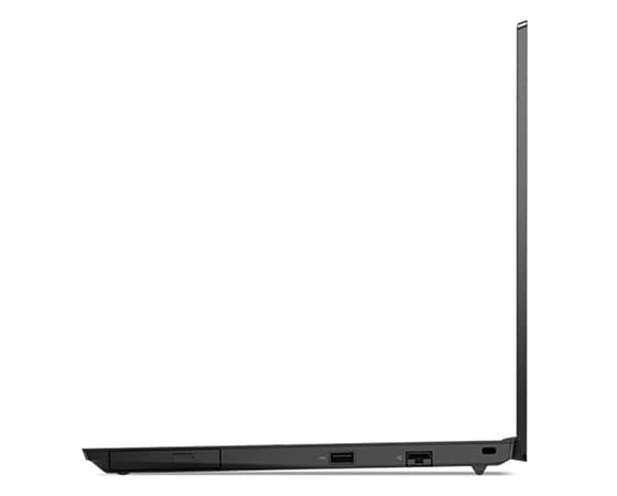 Vue latérale droite du portable Lenovo ThinkPad E15 Gen 4 (15 » AMD), ouvert à 90 degrés, montrant les bords de l’écran et du clavier, et les ports