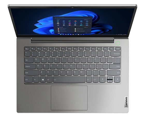 Vue du dessus d’un portable Lenovo ThinkBook 14 Gen 4 (Intel) ouvert, montrant le clavier, le pavé tactile et l’écran