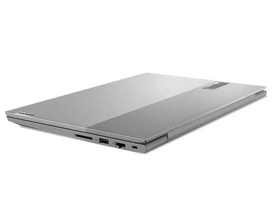 Linkerachteraanzicht van een gesloten Lenovo ThinkBook 14-laptop (Intel)