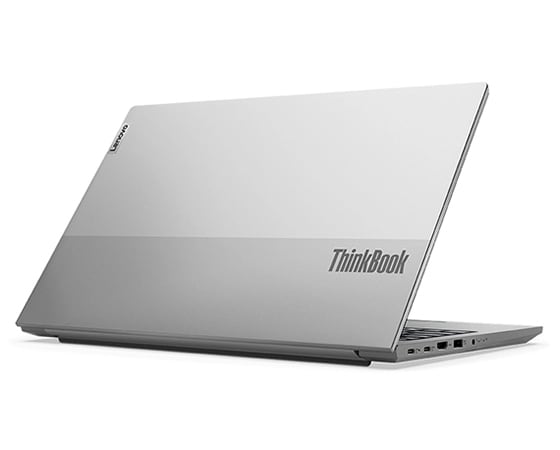 Portable Lenovo ThinkBook 15 Gen 4 (15 » AMD) - Vue arrière gauche 3/4, couvercle partiellement ouvert