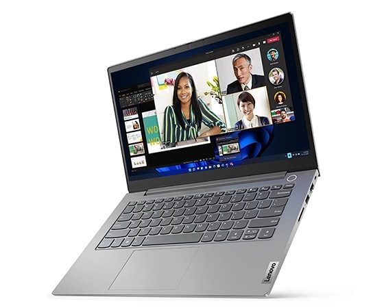 Vue avant du portable Lenovo ThinkBook 14 Gen 4 (14" AMD) incliné vers le bas, capot ouvert