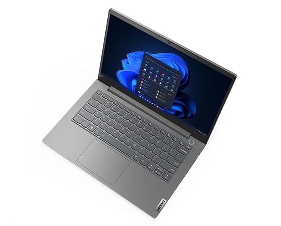 Lenovo ThinkBook 14 Gen 4-laptop (14" AMD) – bovenaanzicht, ¾ naar rechts gedraaid, scherm opengeklapt