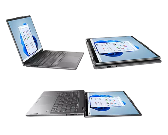 Yoga 7 Gen 7 laptop open facing right, 180 degree flat, and closed showing display in tablet mode