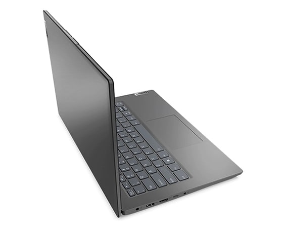 Left side view of Lenovo V14 Gen 3 (14'' AMD) laptop, opened, showing front cover and part of keyboard.