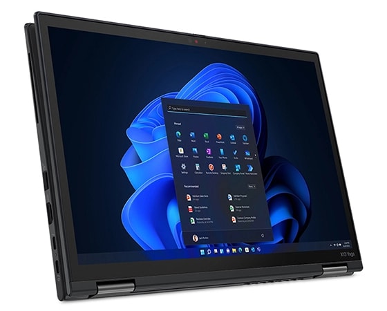 Vue latérale gauche du ThinkPad X13 Yoga Gen 3 (Intel 13 »), ouvert entièrement en mode tablette, montrant l’affichage