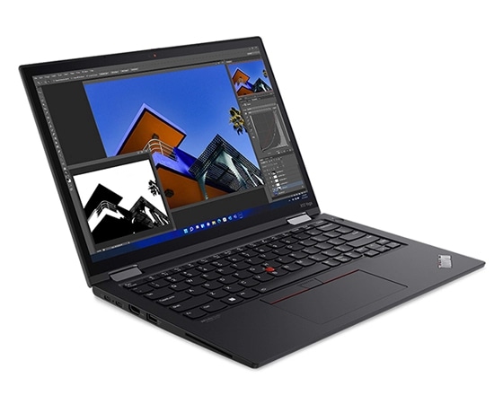 Vue latérale gauche du ThinkPad X13 Yoga Gen 3 (Intel 13 »), ouvert à 90 degrés en mode portable, montrant l’écran et le clavier