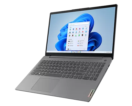 Vue de face du Lenovo IdeaPad 3 Gen 7 38,10 cm (15'') AMD ouvert à 135 degrés, incliné vers la gauche, base inclinée vers l’avant, montrant le clavier et l’écran.