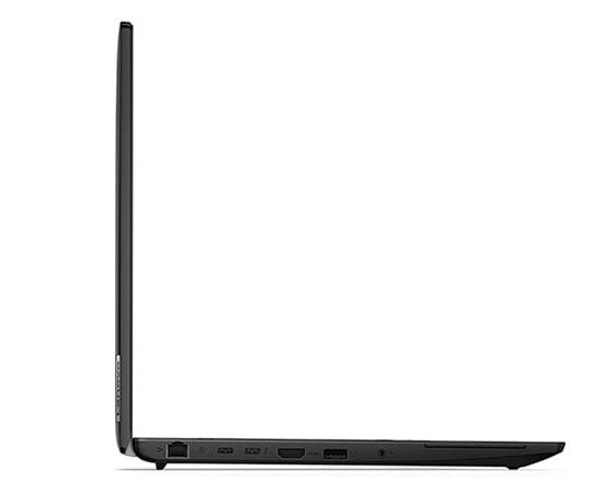 Perfil del lateral izquierdo del portátil Lenovo ThinkPad L15 de 3.ª generación abierto en un ángulo de 90 grados, con los puertos visibles.