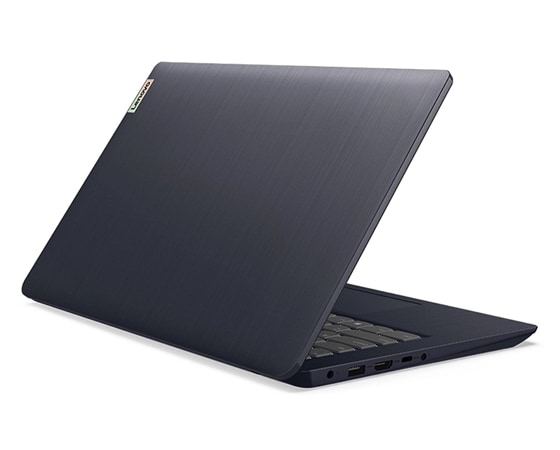 Rear facing view of Lenovo IdeaPad 3 Gen 7 14” AMD open 45 degrees, and angled to show right side ports.